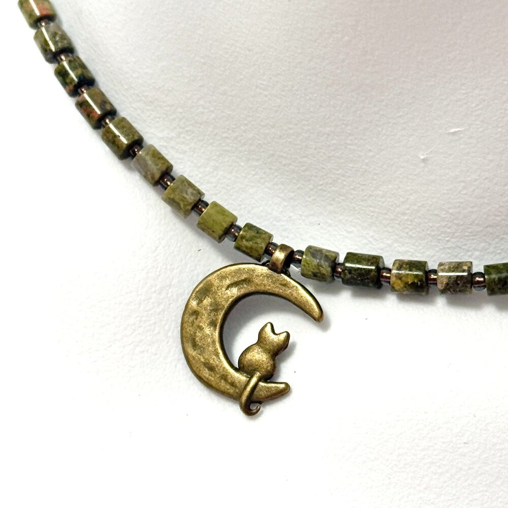 Green Unakite Short Necklace, Genuine Gemstone & Bronze Cat on the Moon Pendant